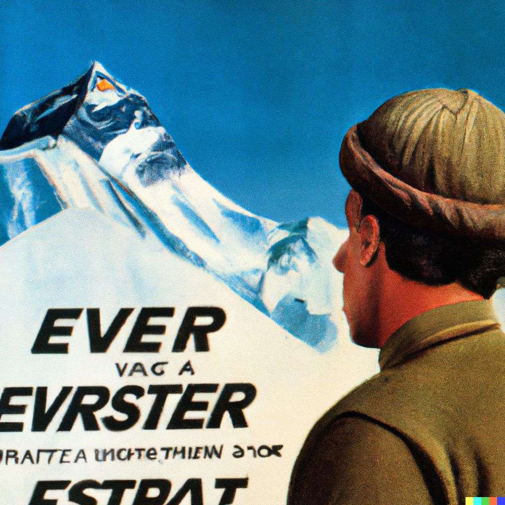someone gazing at Mount Everest, advertisement from the '70s